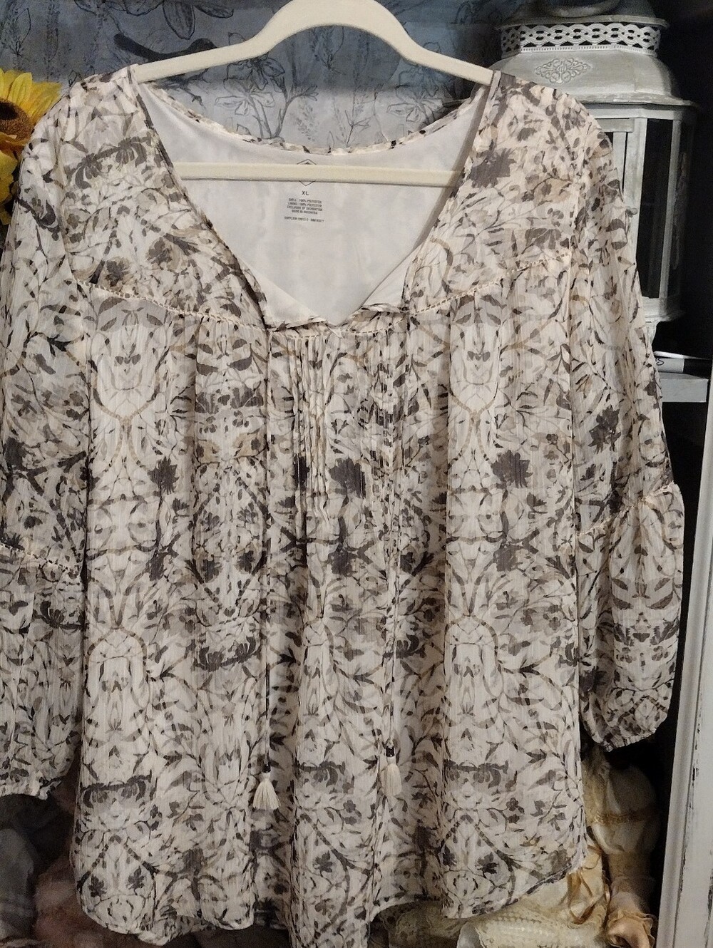 Womens Cream Floral Peasant Blouse - Lightweight Boho Top